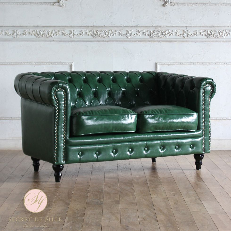 ヴィンセント チェスターフィールドソファ 2人掛け グリーン PUレザー