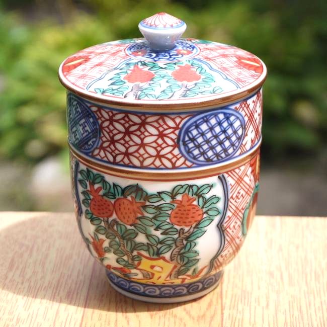 着彩石榴蓋付湯呑 春晃 - 京焼清水焼 松韻堂