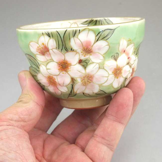 織部五草花お茶呑茶碗 陶あん 桜単品 - 京焼清水焼 松韻堂