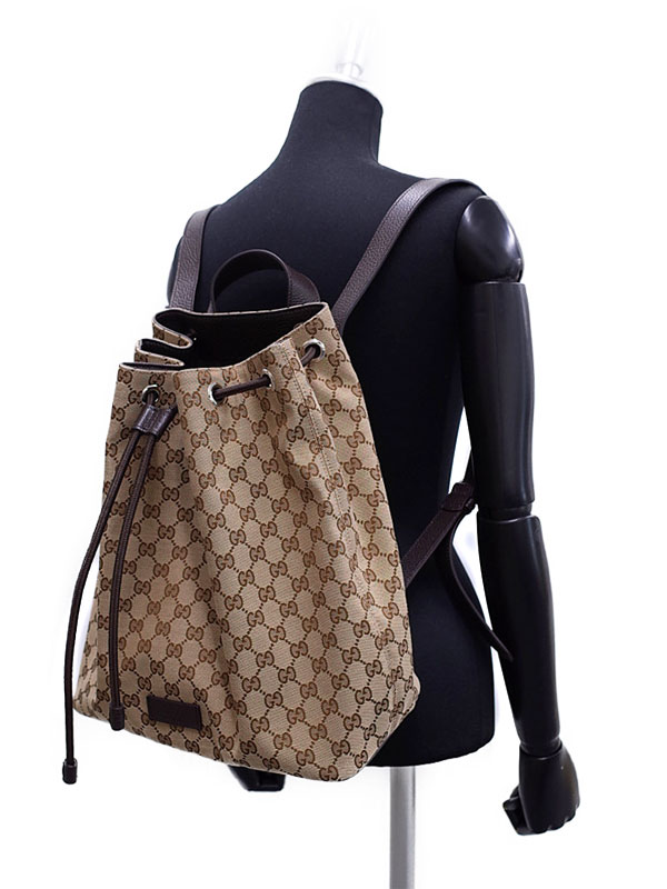 希少 極美品◇ GUCCI ◇リュック 巾着型 GGキャンバス ナイロン レザー