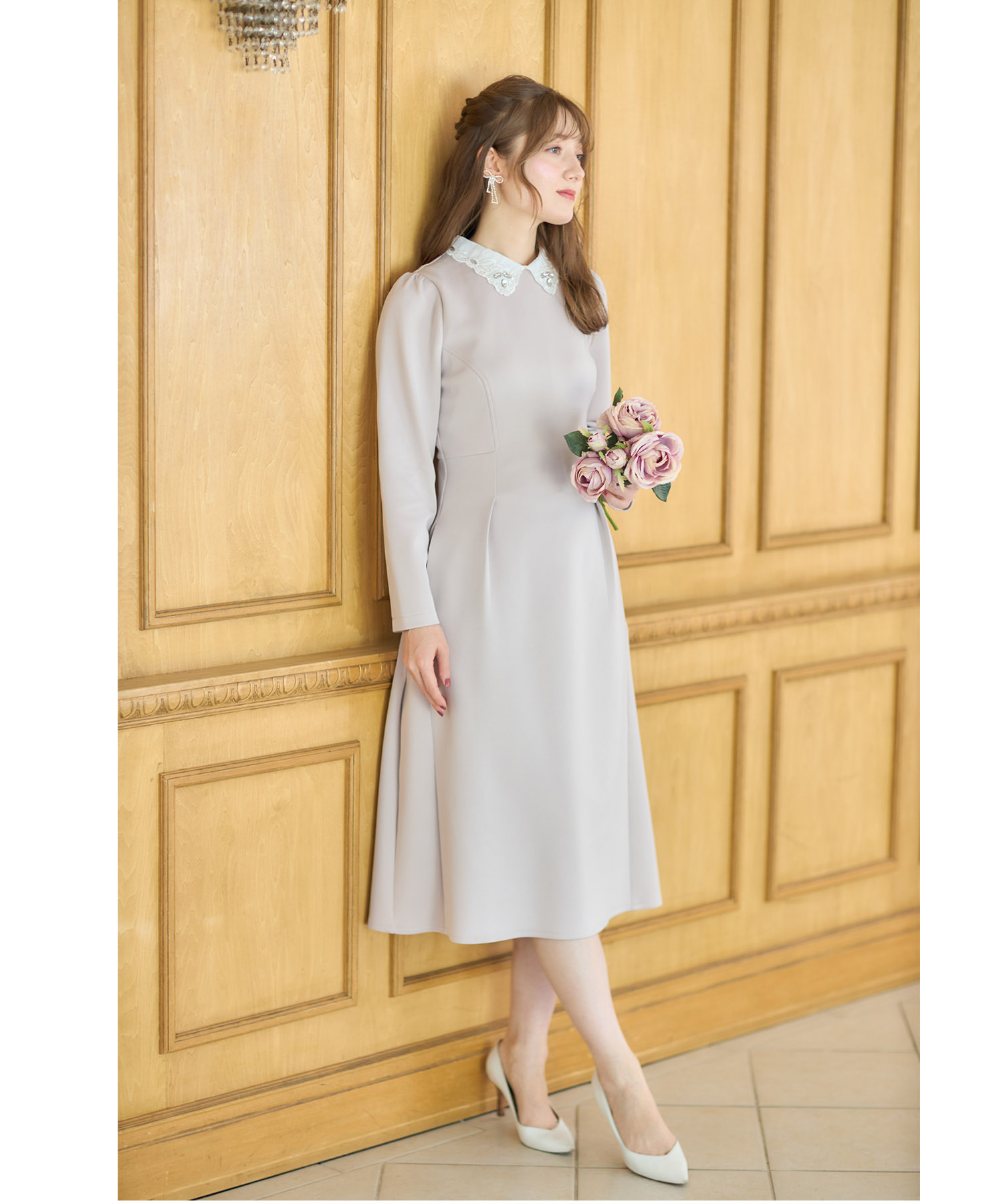 2WAYビジュー×レース襟付きダンボールワンピース