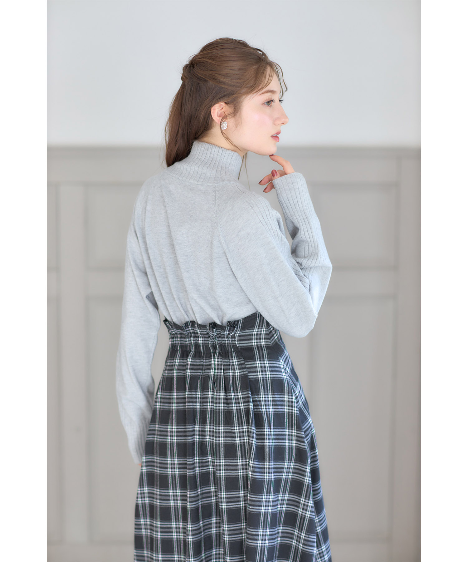 フロントファスナーチェックタックフレアスカート