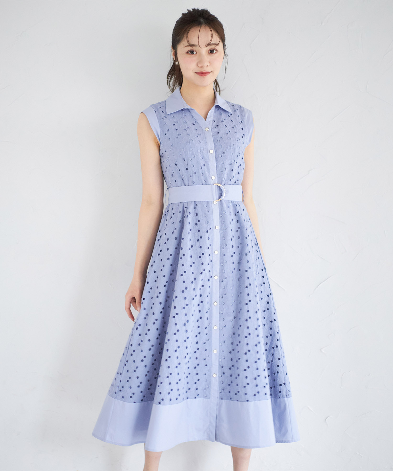 楽天市場】ベルト付き花釦フラワーコットンレースシャツワンピース