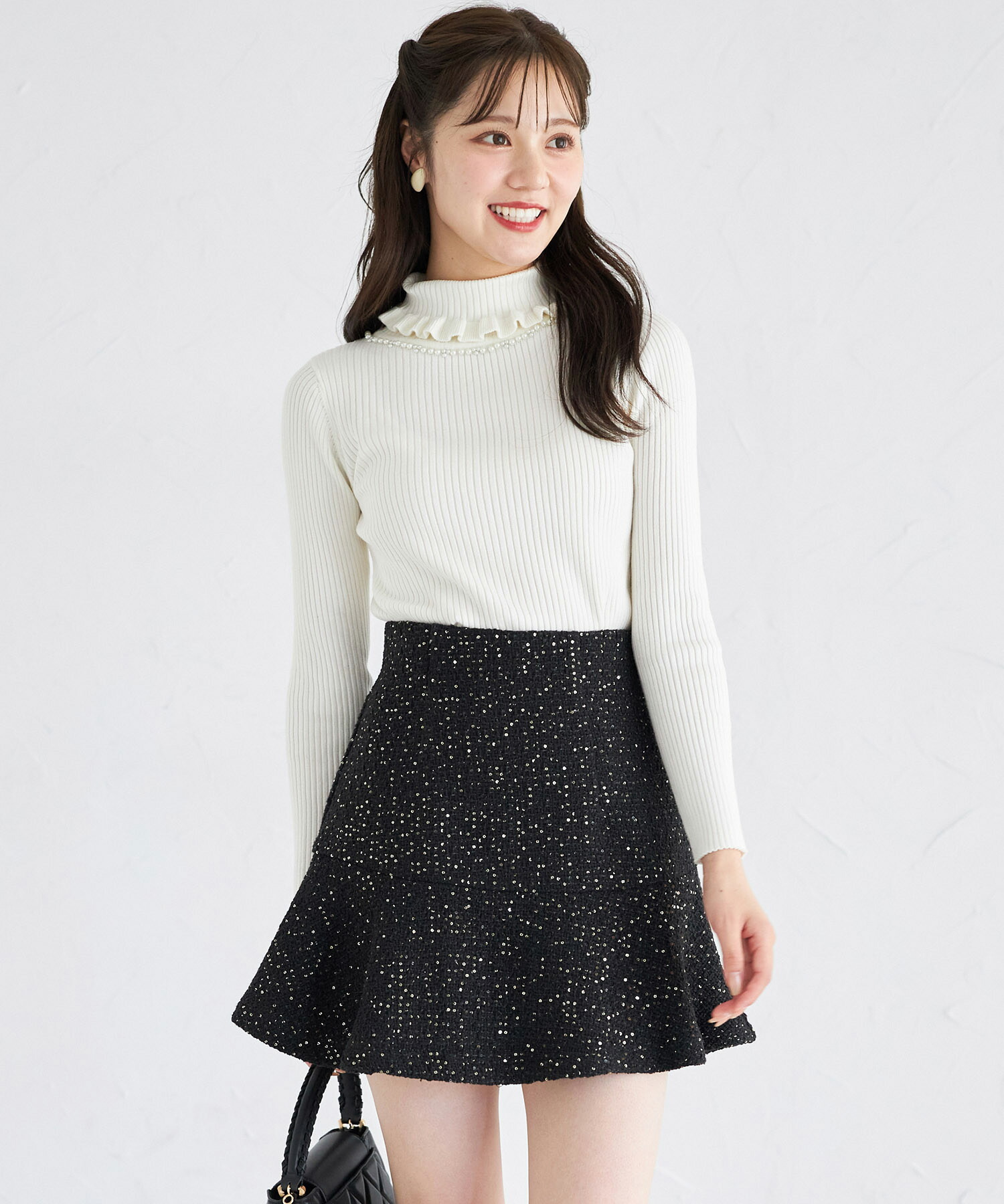 インナーパンツ付きスパンコールツイードAラインミニスカート