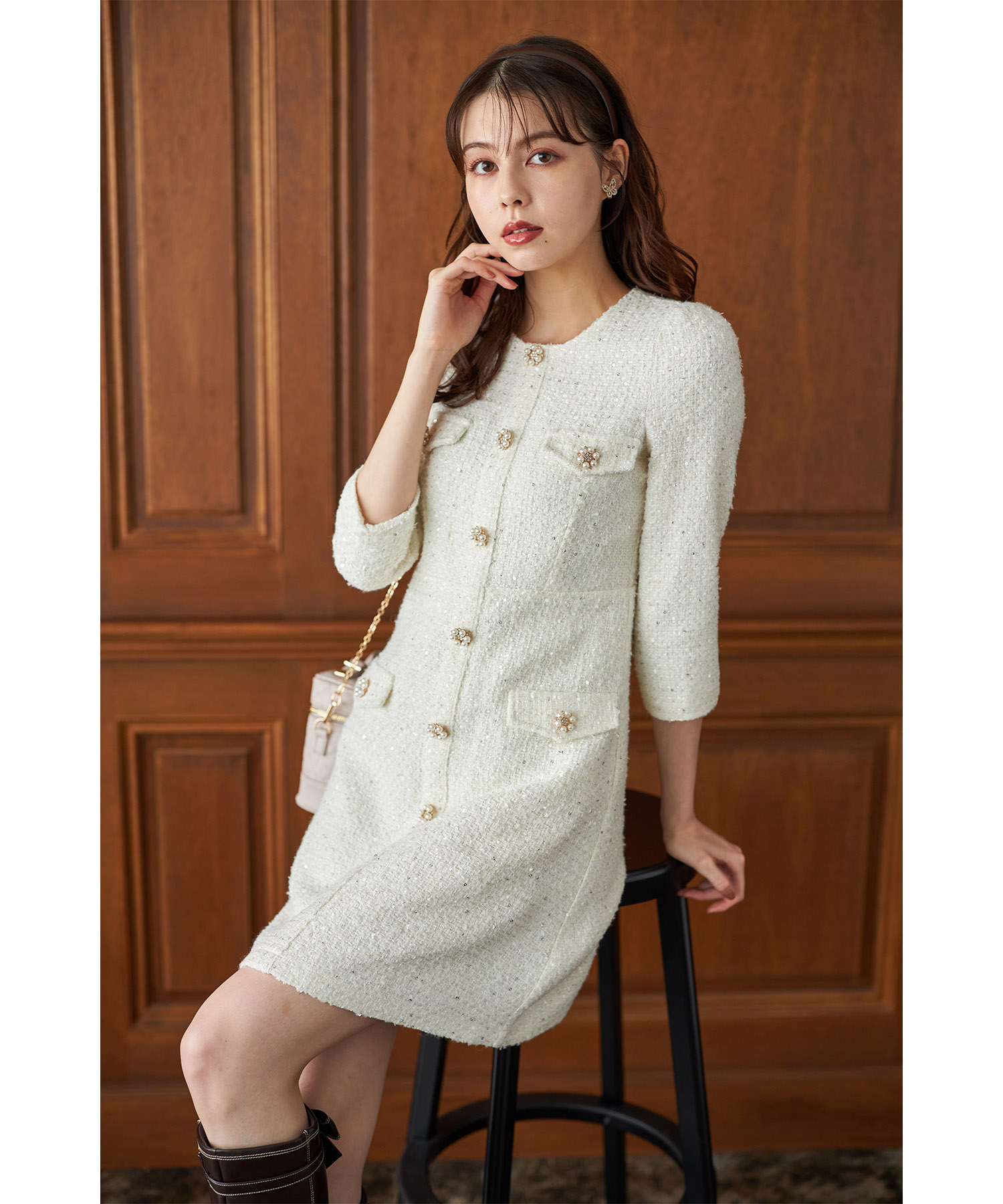 フェイクポケット付きパールビジュー飾り釦スパンコールツイードミニ