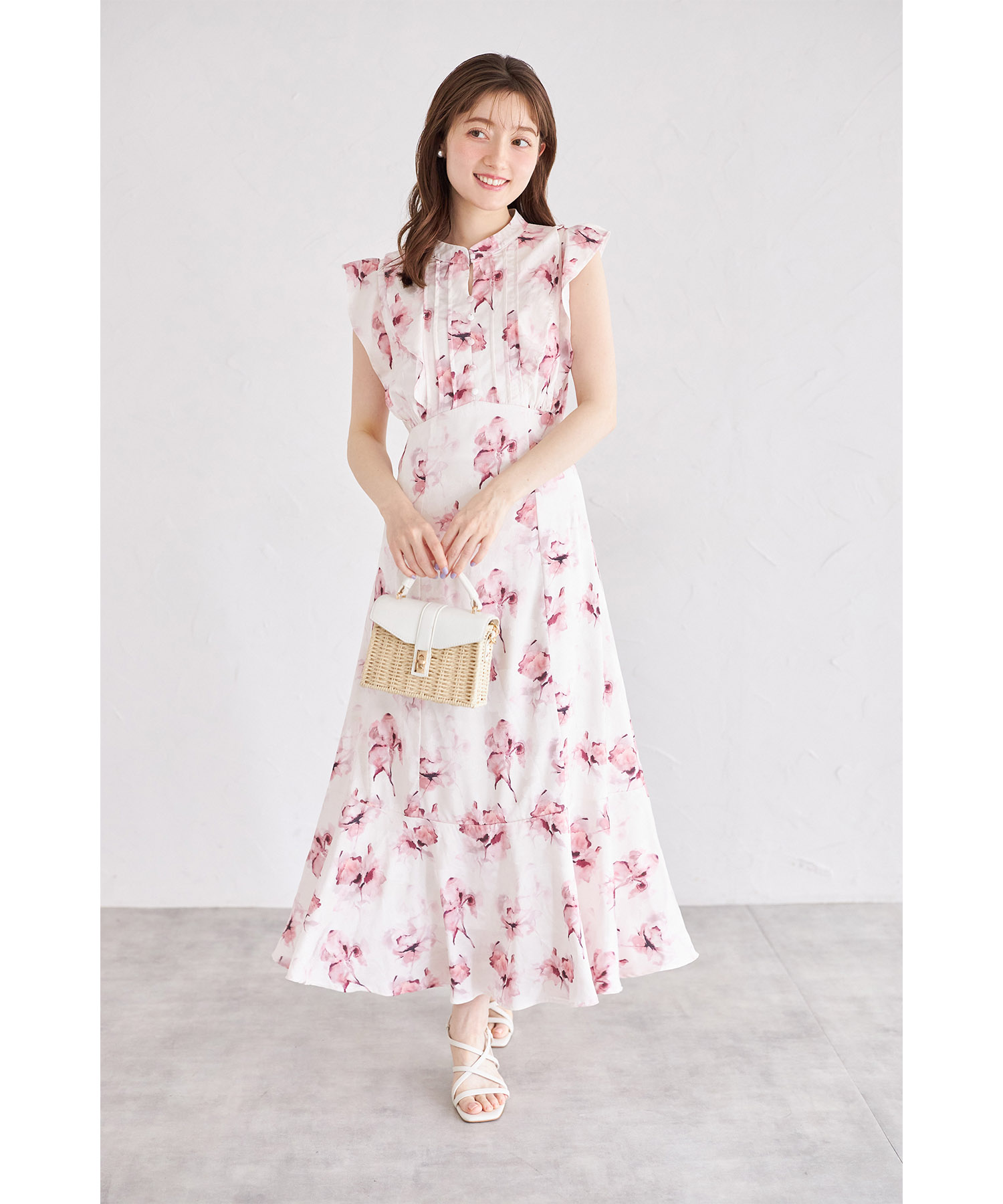 エアリージャガード×水彩フラワープリントラッフルフリルピンタック