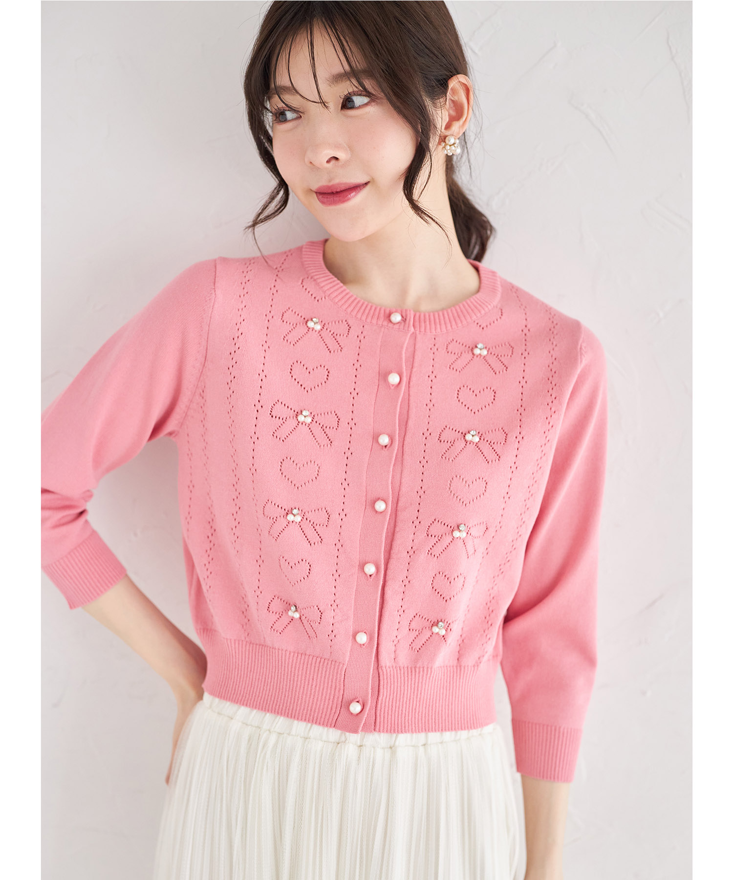 パールビジュー付きリボン＆ハート透かし編みニットカーディガン