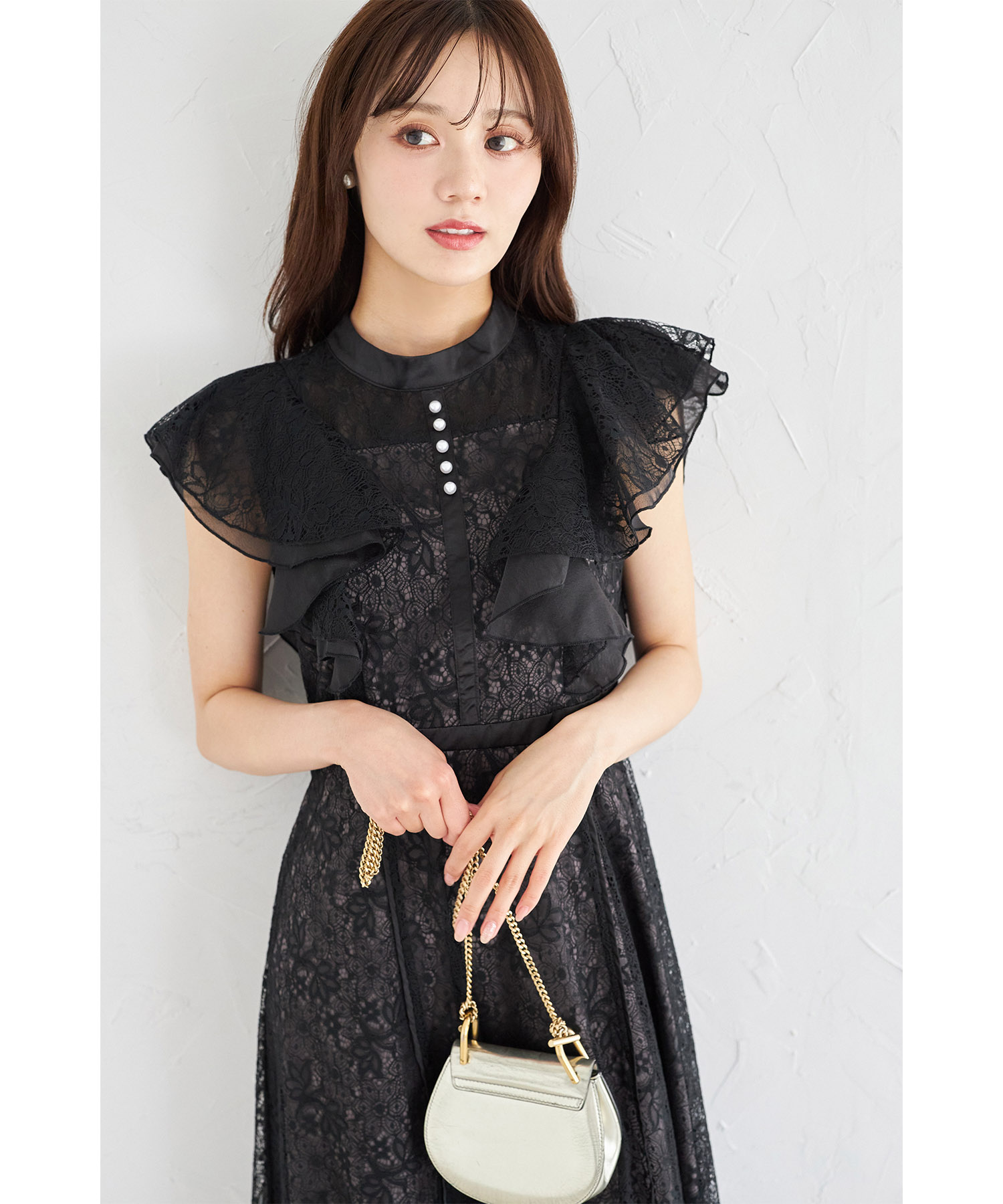 ウエストリボン付きパール装飾ラッフルフリルフラワーレースワンピース