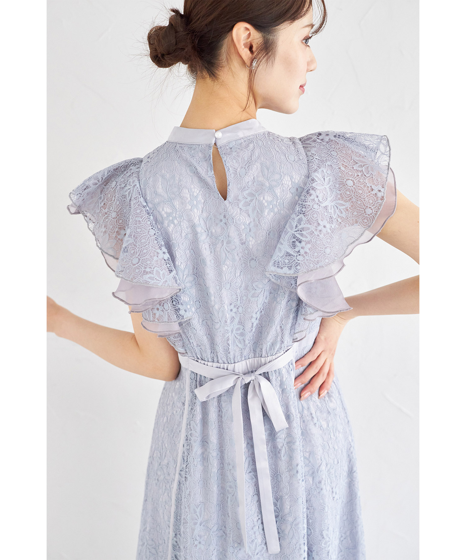 ウエストリボン付きパール装飾ラッフルフリルフラワーレースワンピース