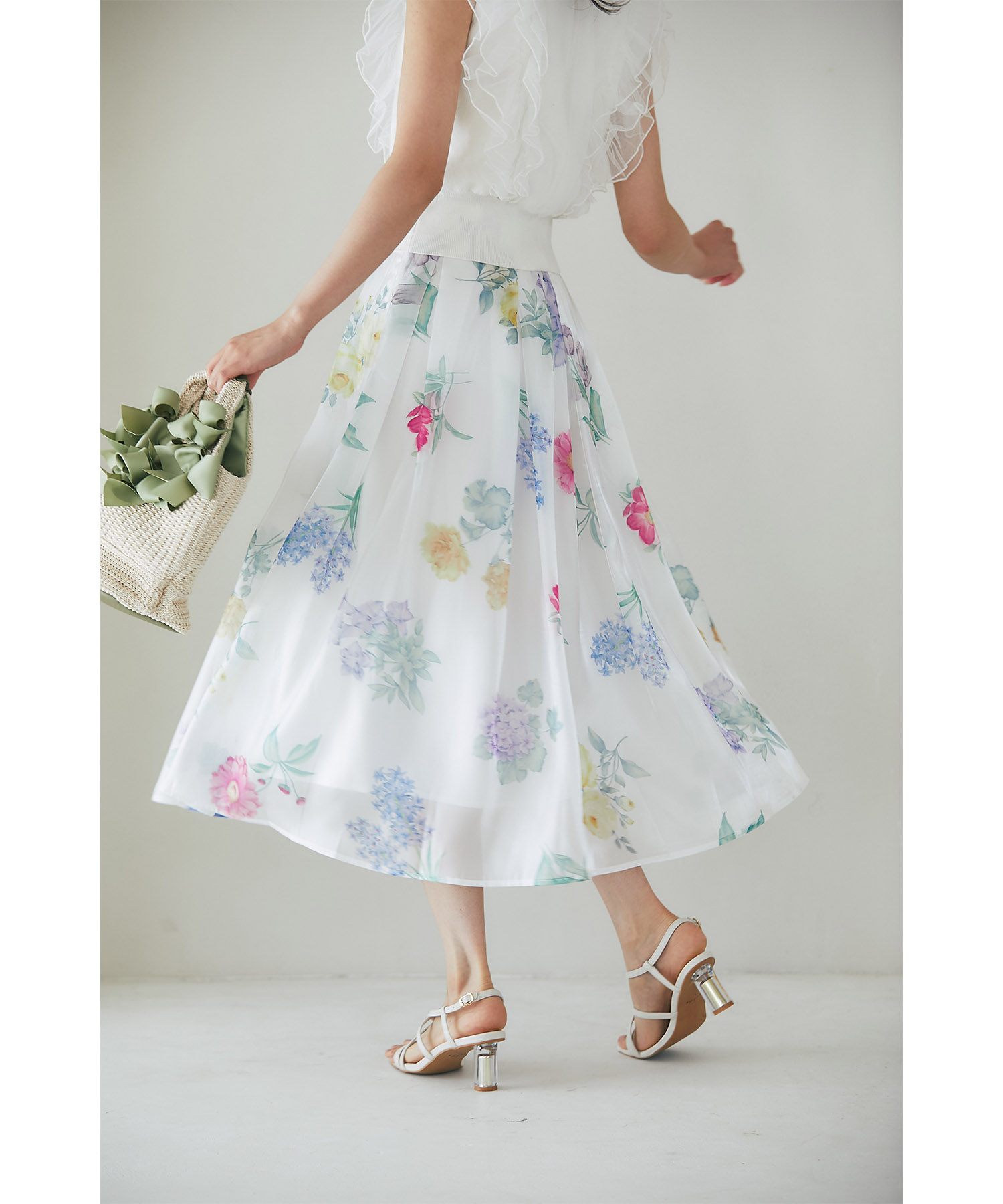 ボタニカルフラワープリントシアーフレアスカート