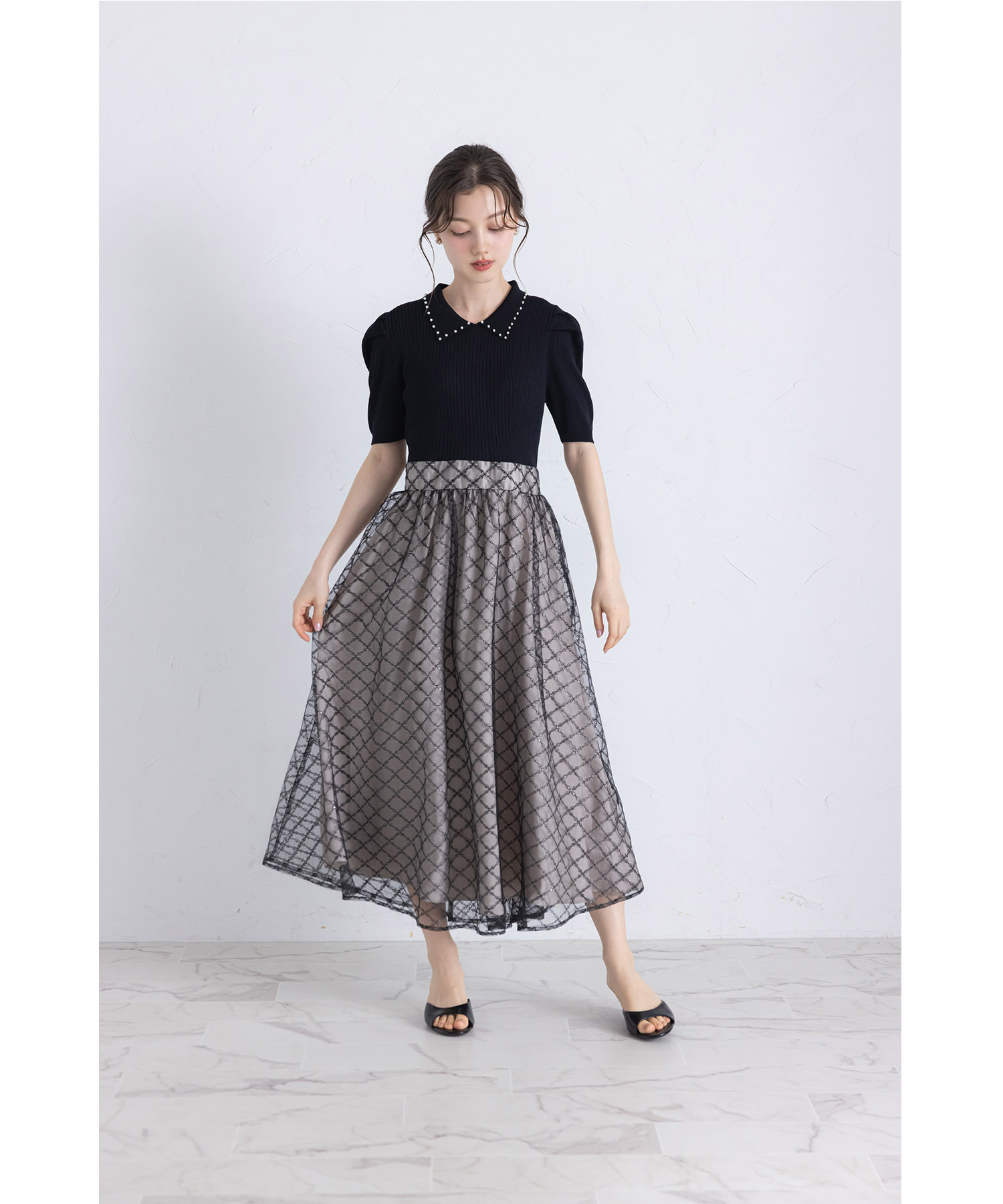 パール襟付きリブニット×チュールレースドッキングワンピース