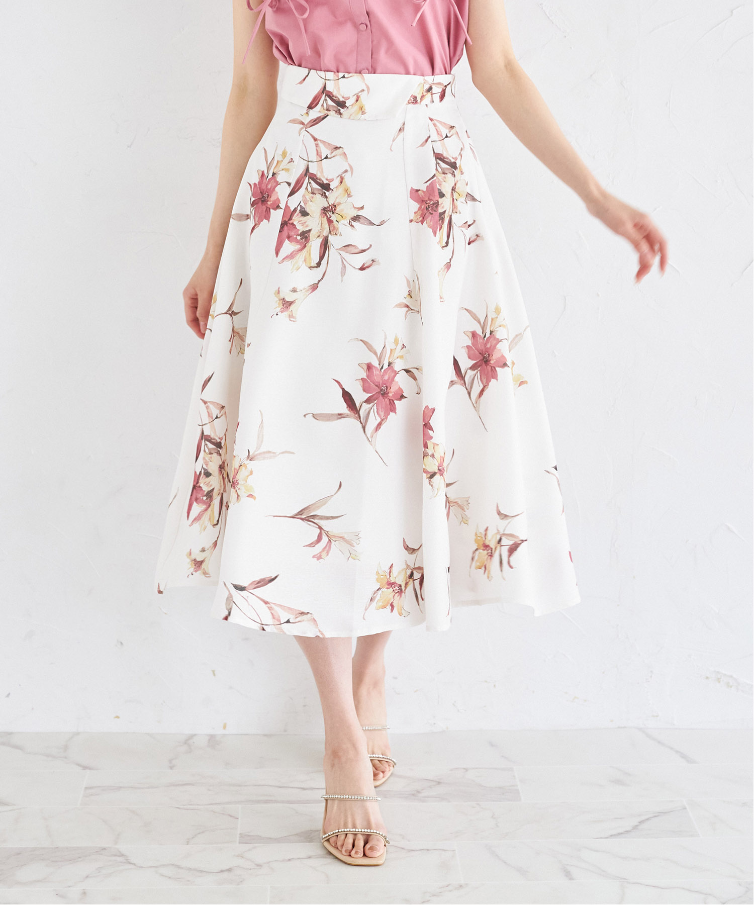 ウエストアシメ切り替えフラワープリントフレアスカート