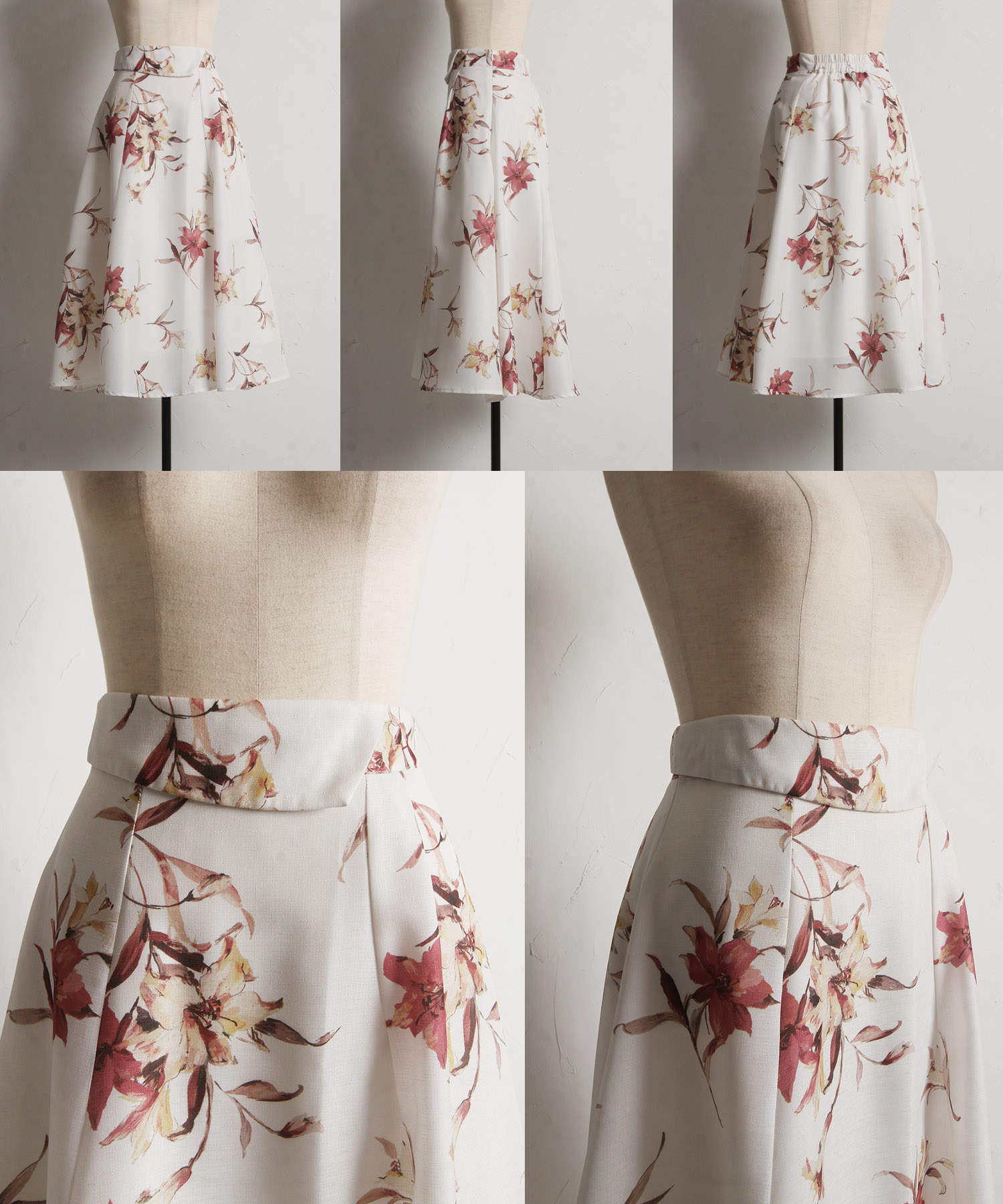 ウエストアシメ切り替えフラワープリントフレアスカート
