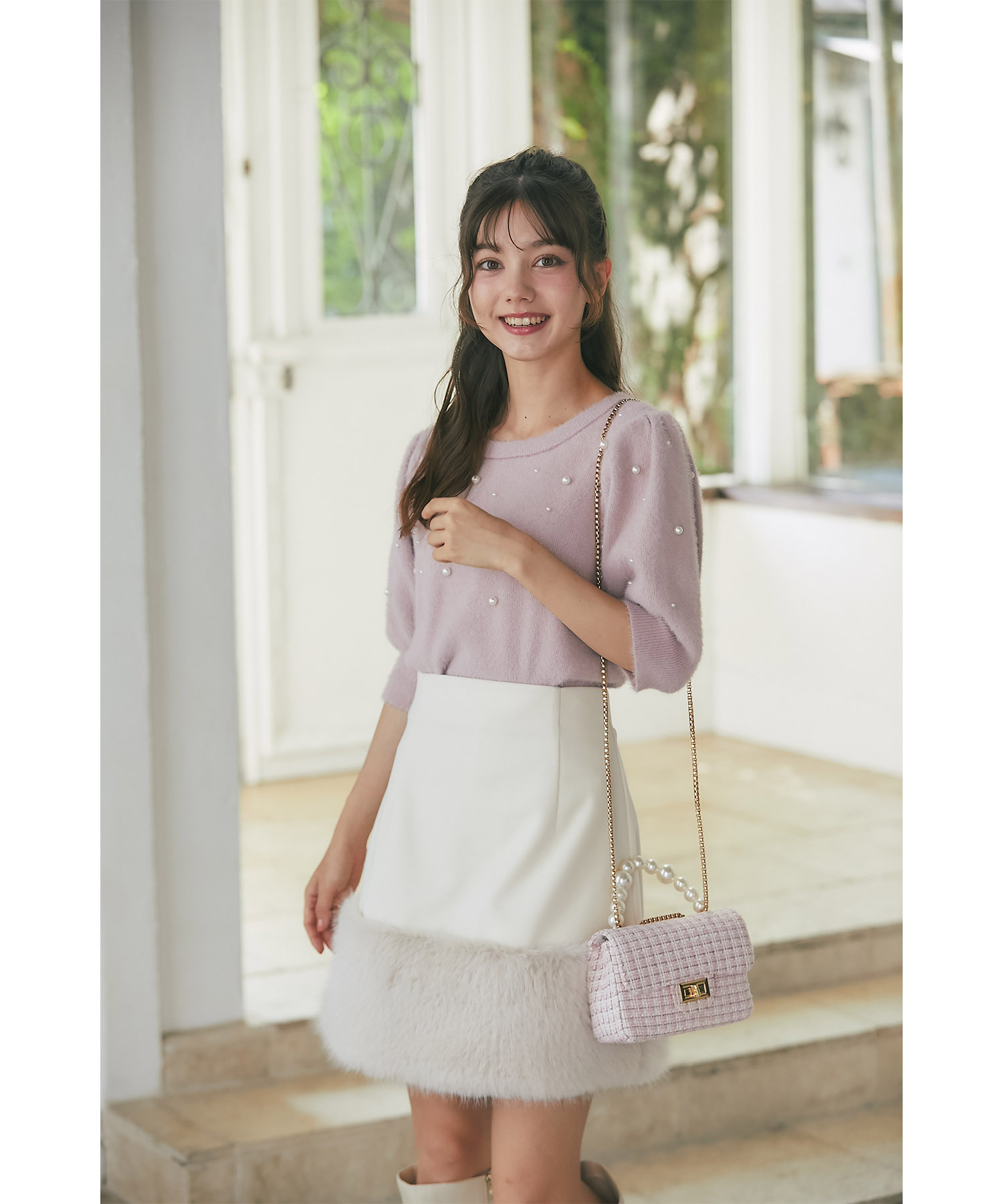 インナーパンツ付き裾ファー切り替えミニスカート