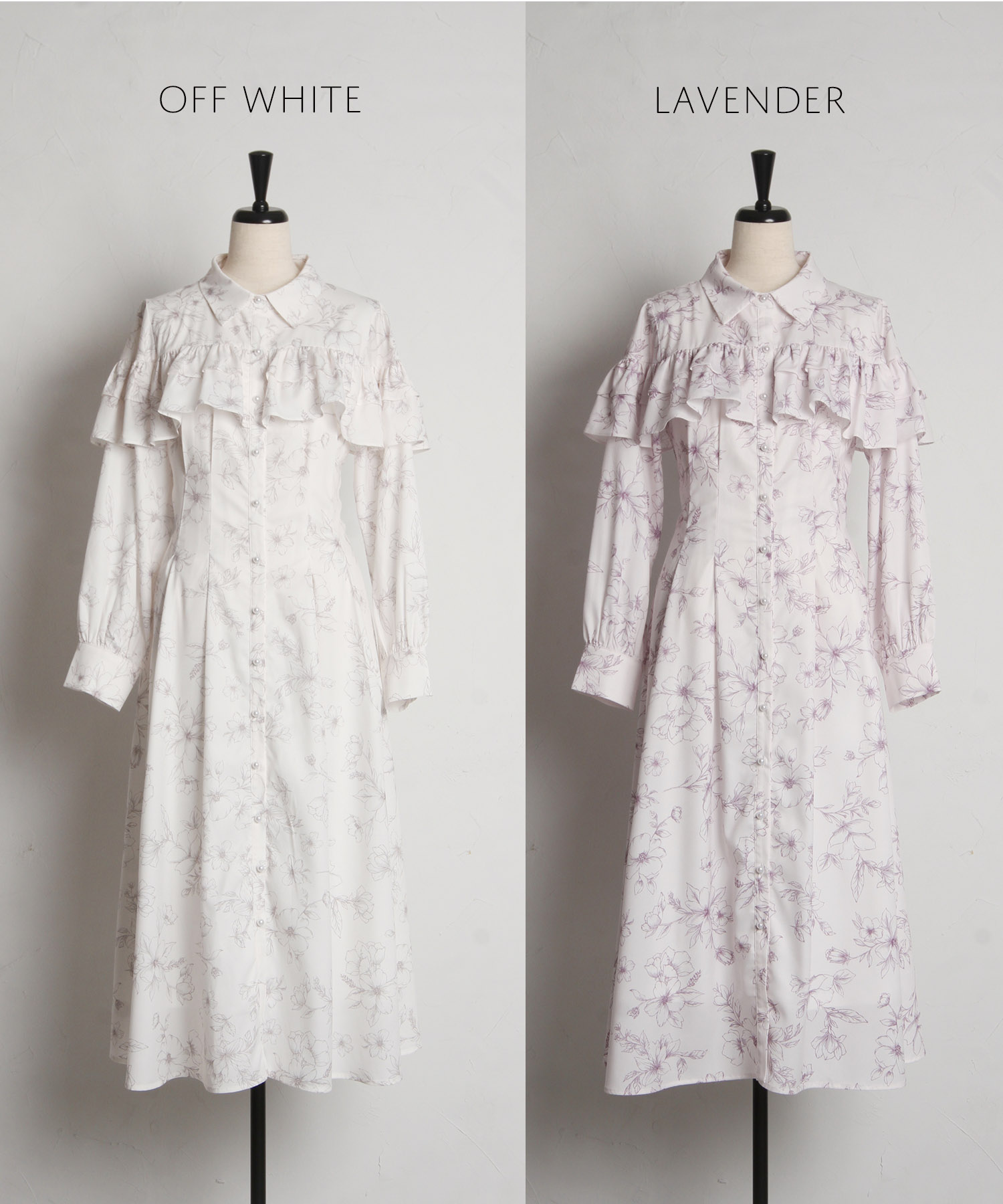 パール釦バックレースアップフリルヨークフラワープリントシャツワンピース