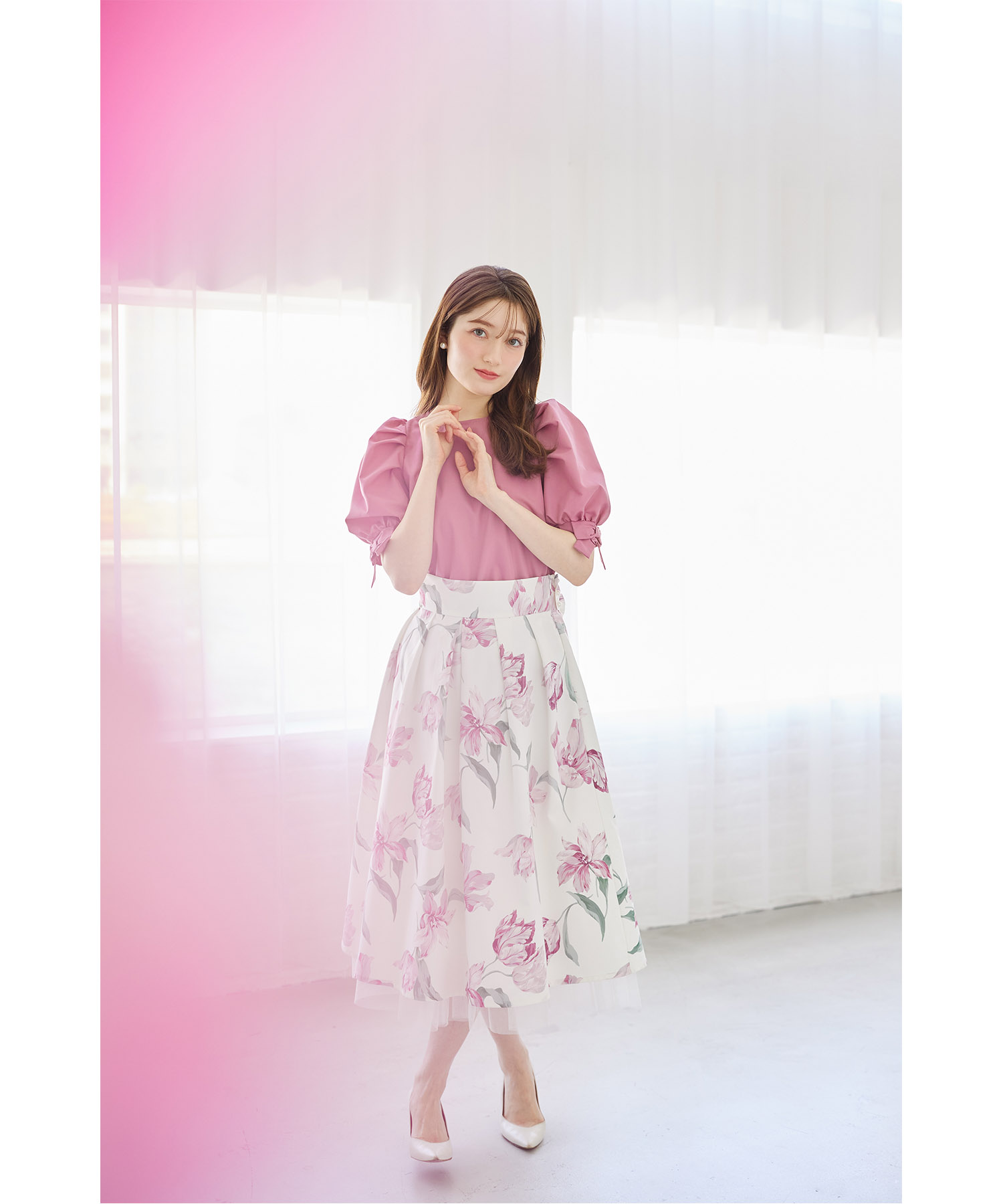 3WAYリボン付き後ろチュール×フリル切り替えフラワープリント