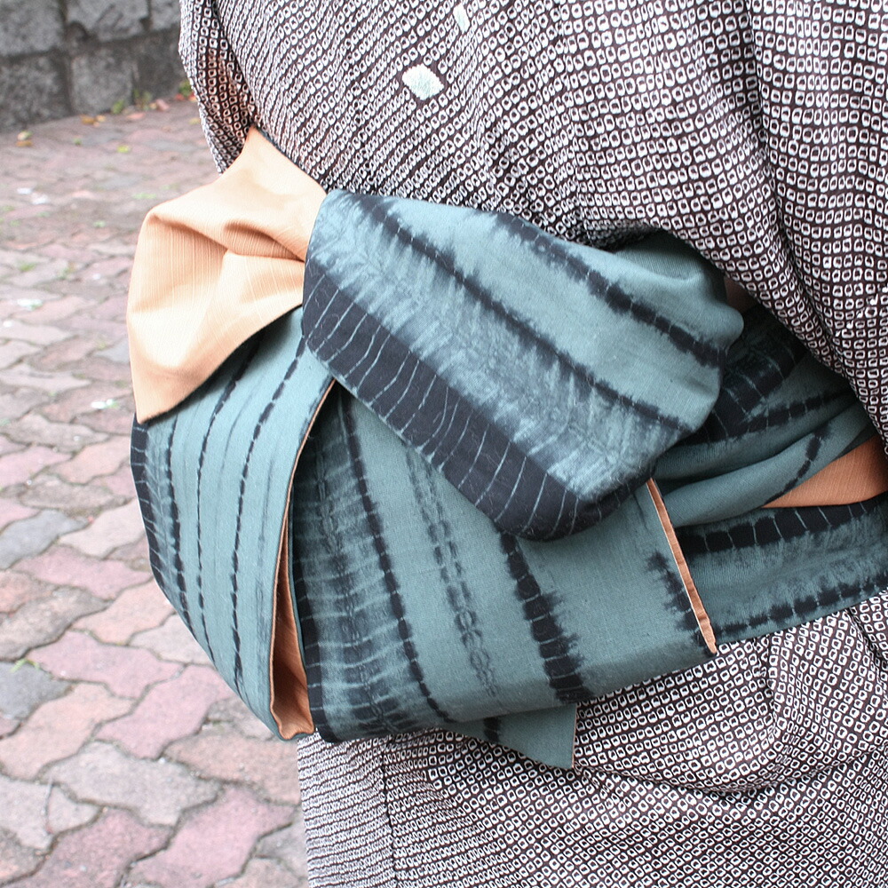 半幅帯 有松絞り 竜巻絞り 全行程国産 有松絞り 緑 グレー 綿100