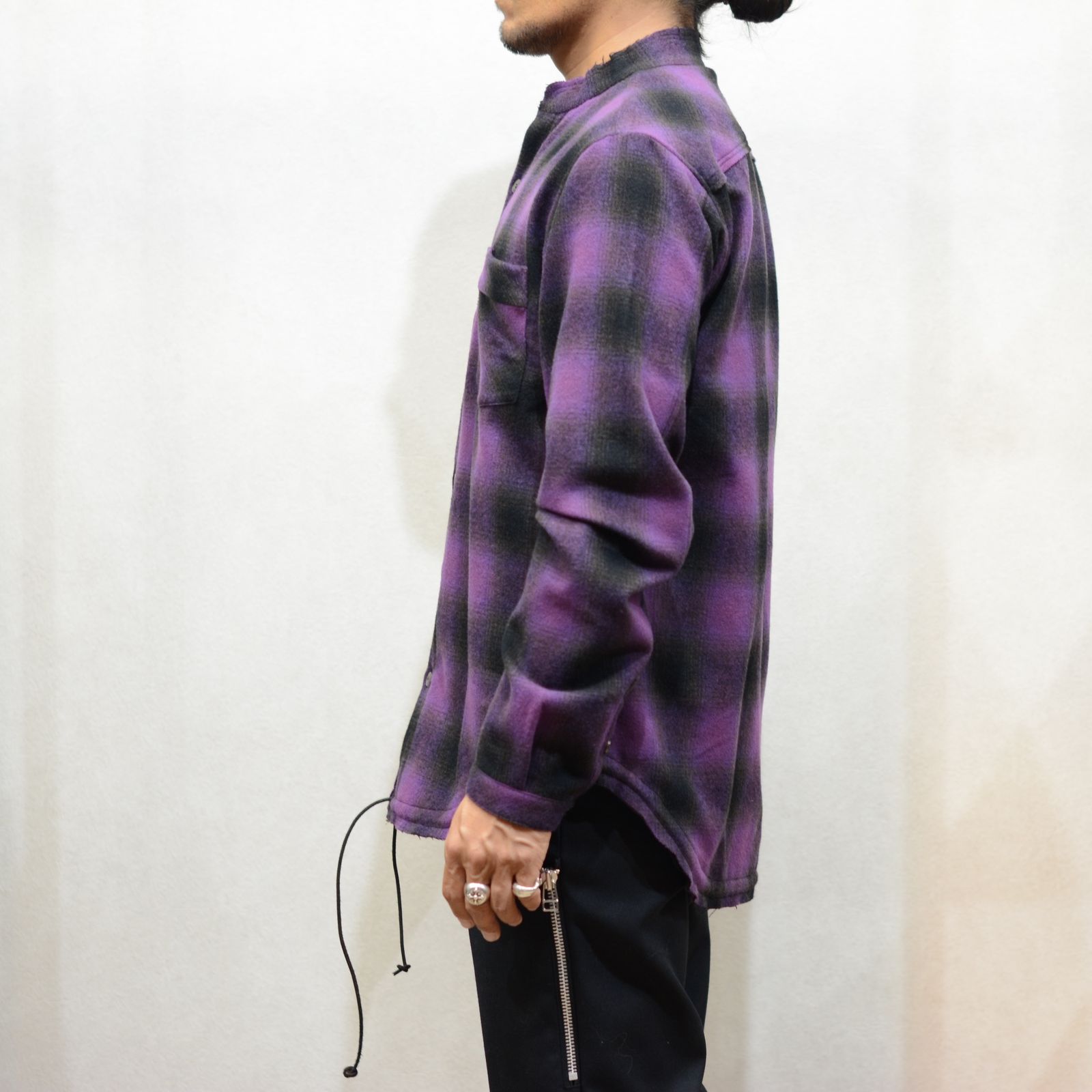 ISAMU KATAYAMA BACKLASH - ウールナイロン ノーカラーチェックシャツ