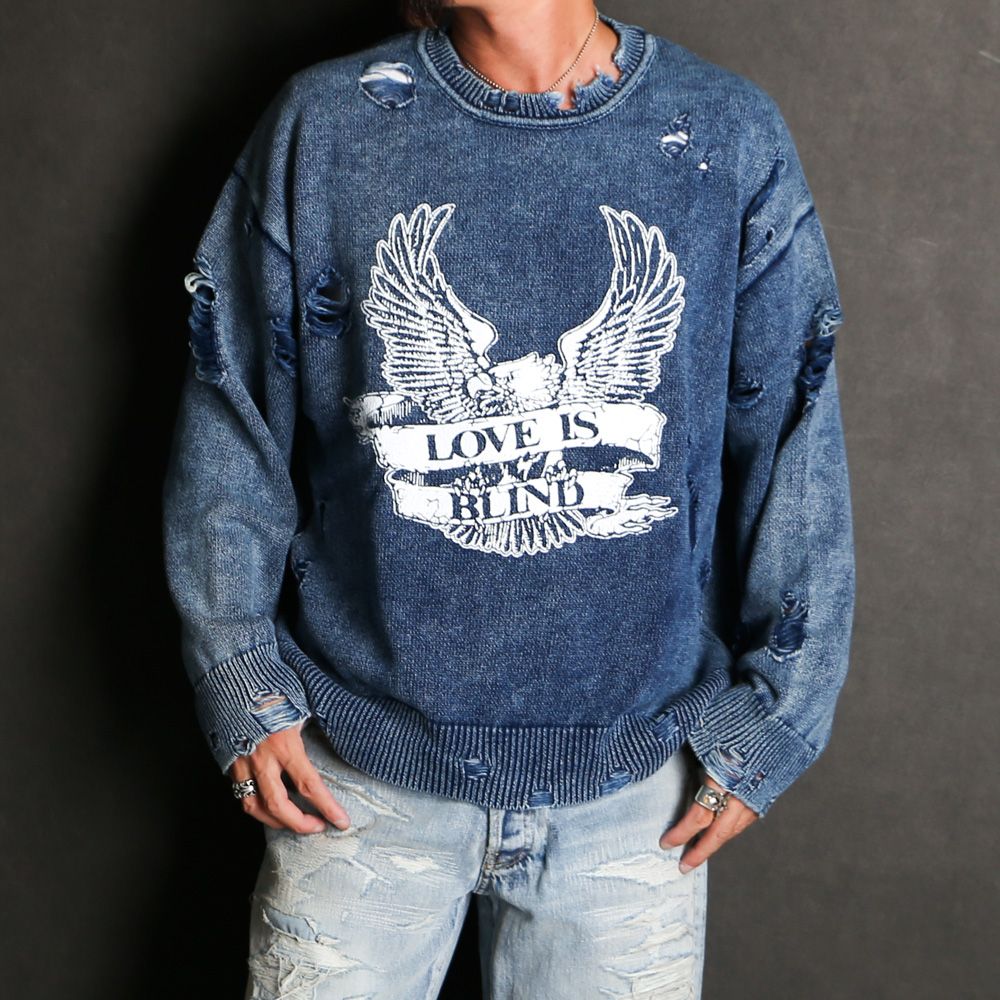 KAMIYA - Bleached Print Knit Sweater - NAVY / ブリーチ ニット
