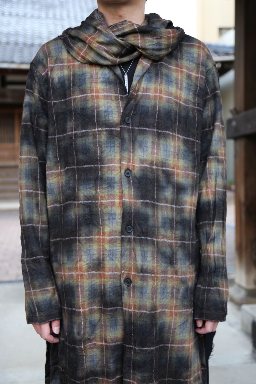 yohji yamamoto チェックJQ製品ムラ染めボウタイロングシャツStyle