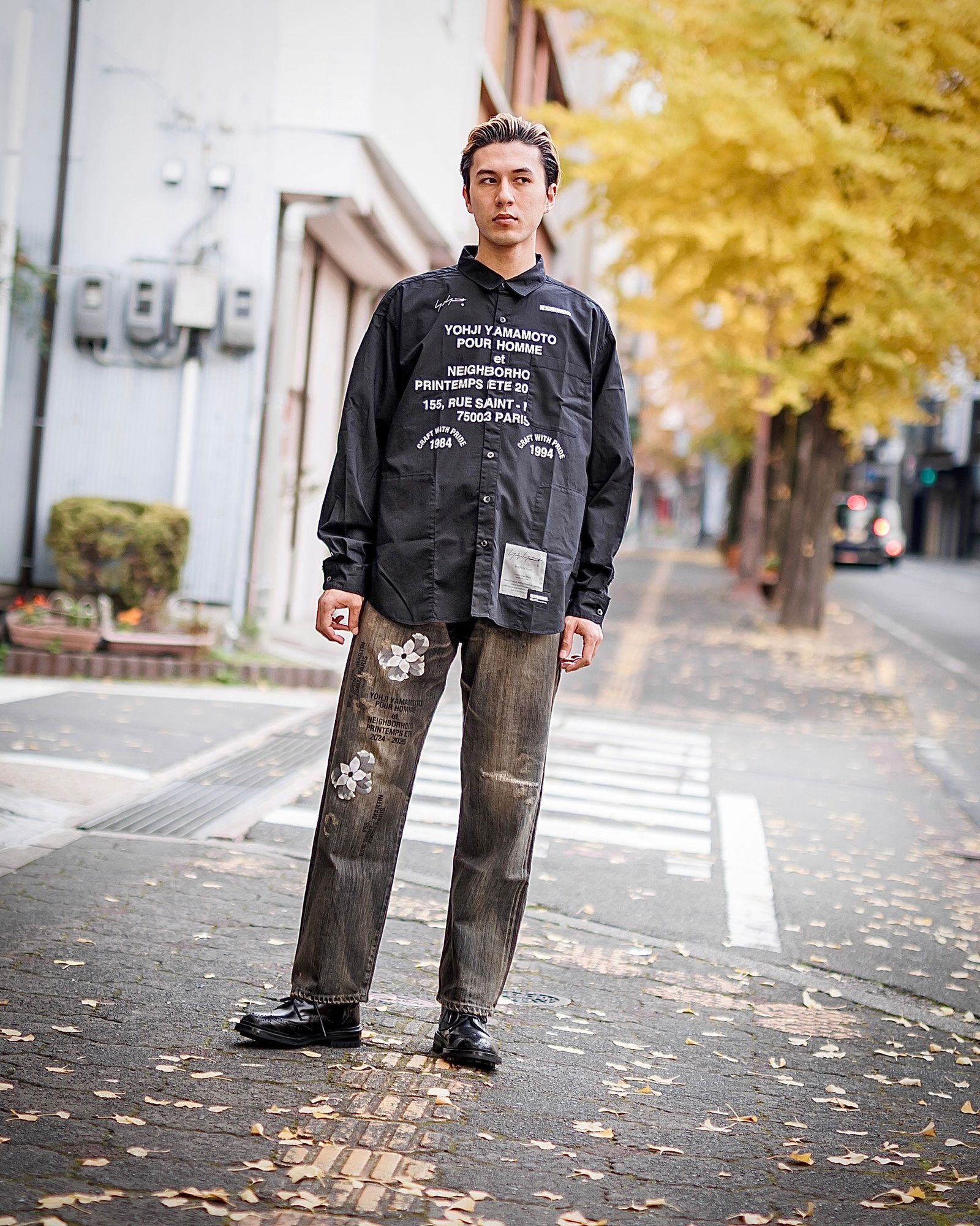 yohji yamamoto x NEIGHBORHOOD PRINT SHIRT LS (BLACK)スタイル