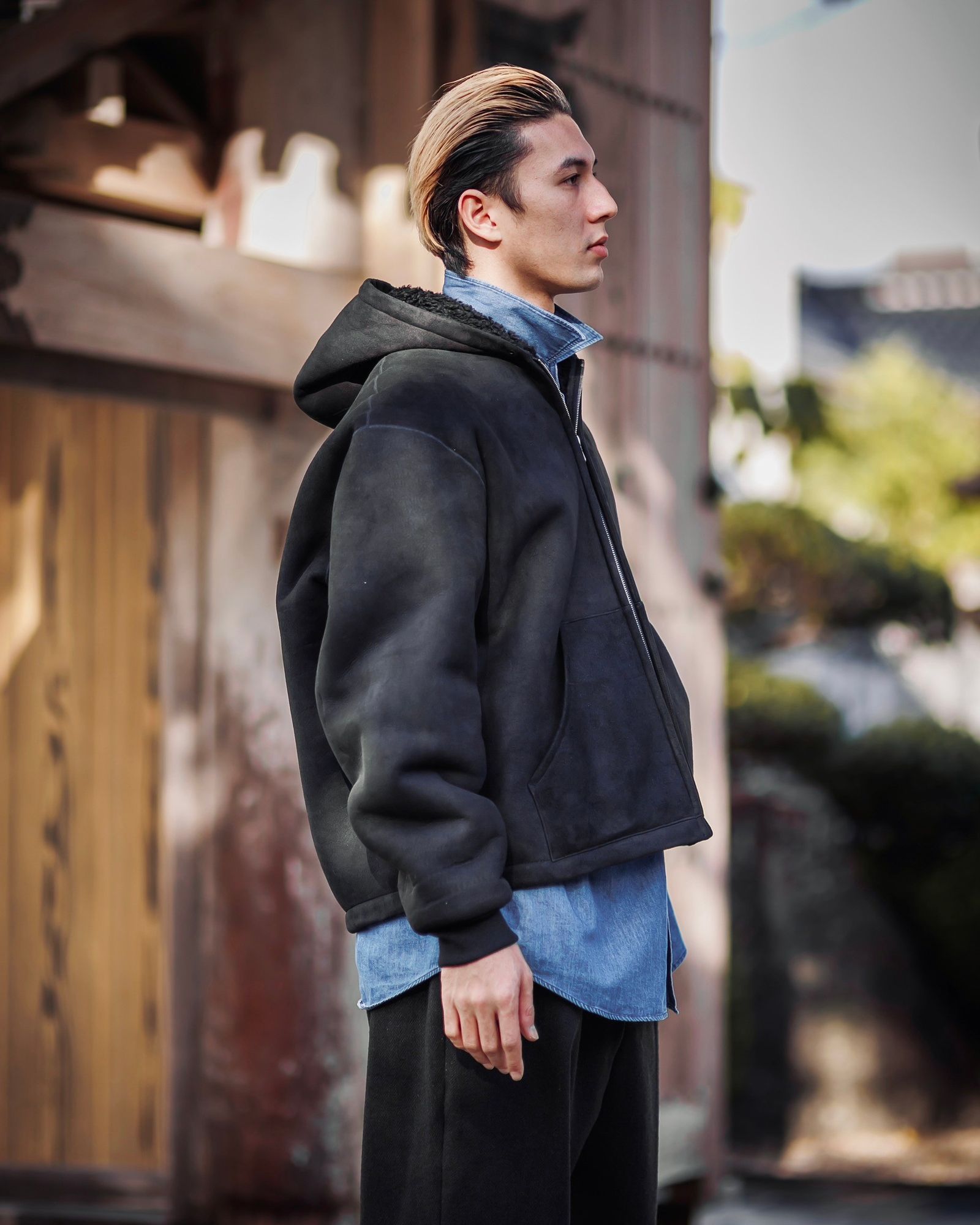A.PRESSE - アプレッセ Mouton ZIP leather Hoodie(25SAP-01-02H)BLACK