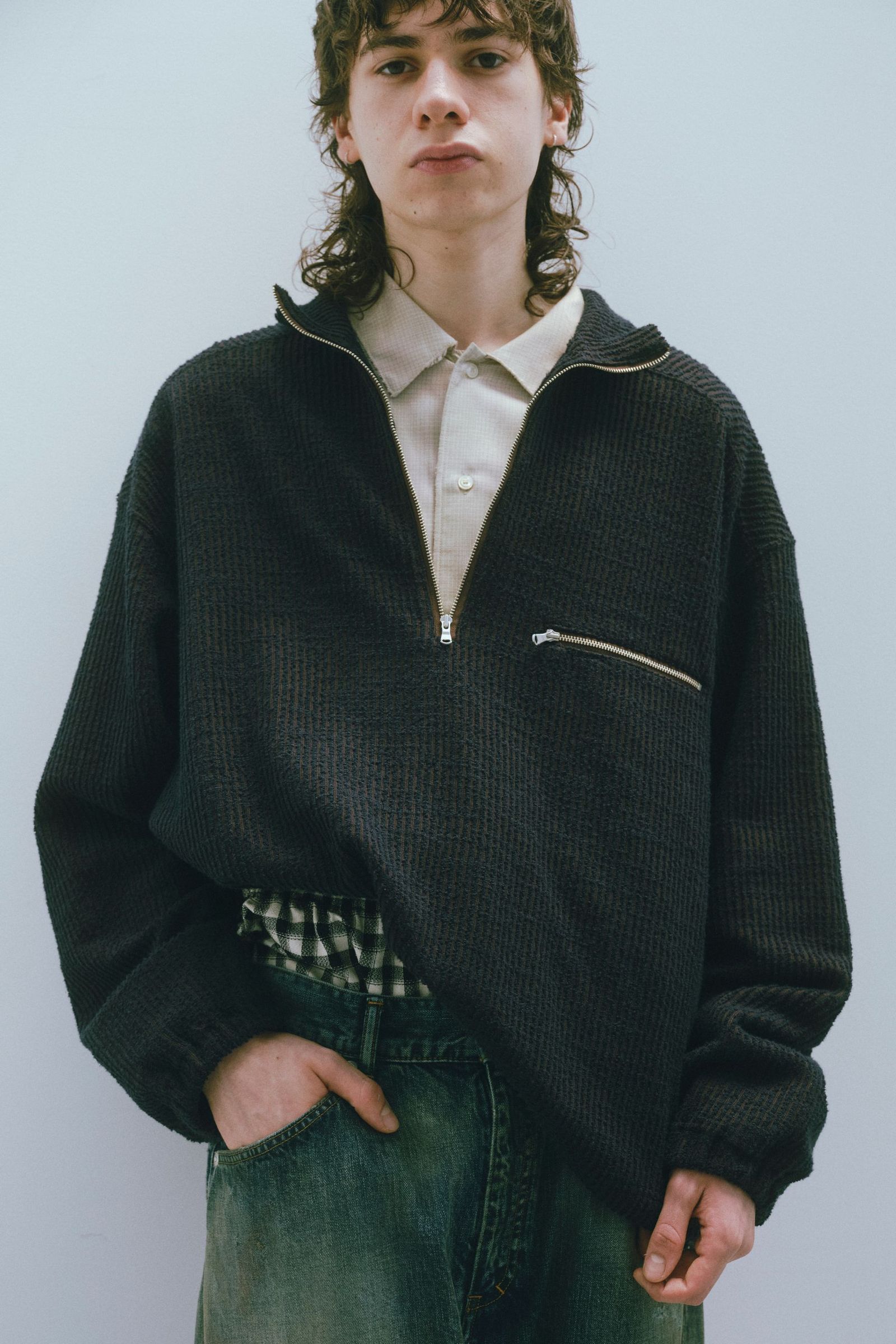 ANCELLM - CUT STRIPE HALF ZIP PULL OVER SHIRT | BEIGE | ハーフ