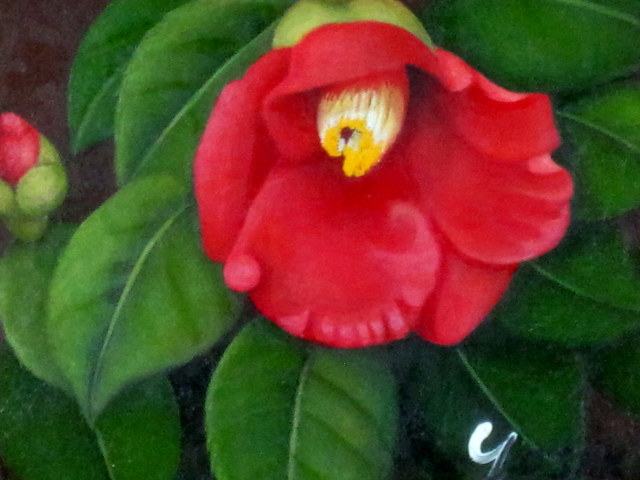 送料無料】志村好子「椿」（赤）・油彩・F0（小品）