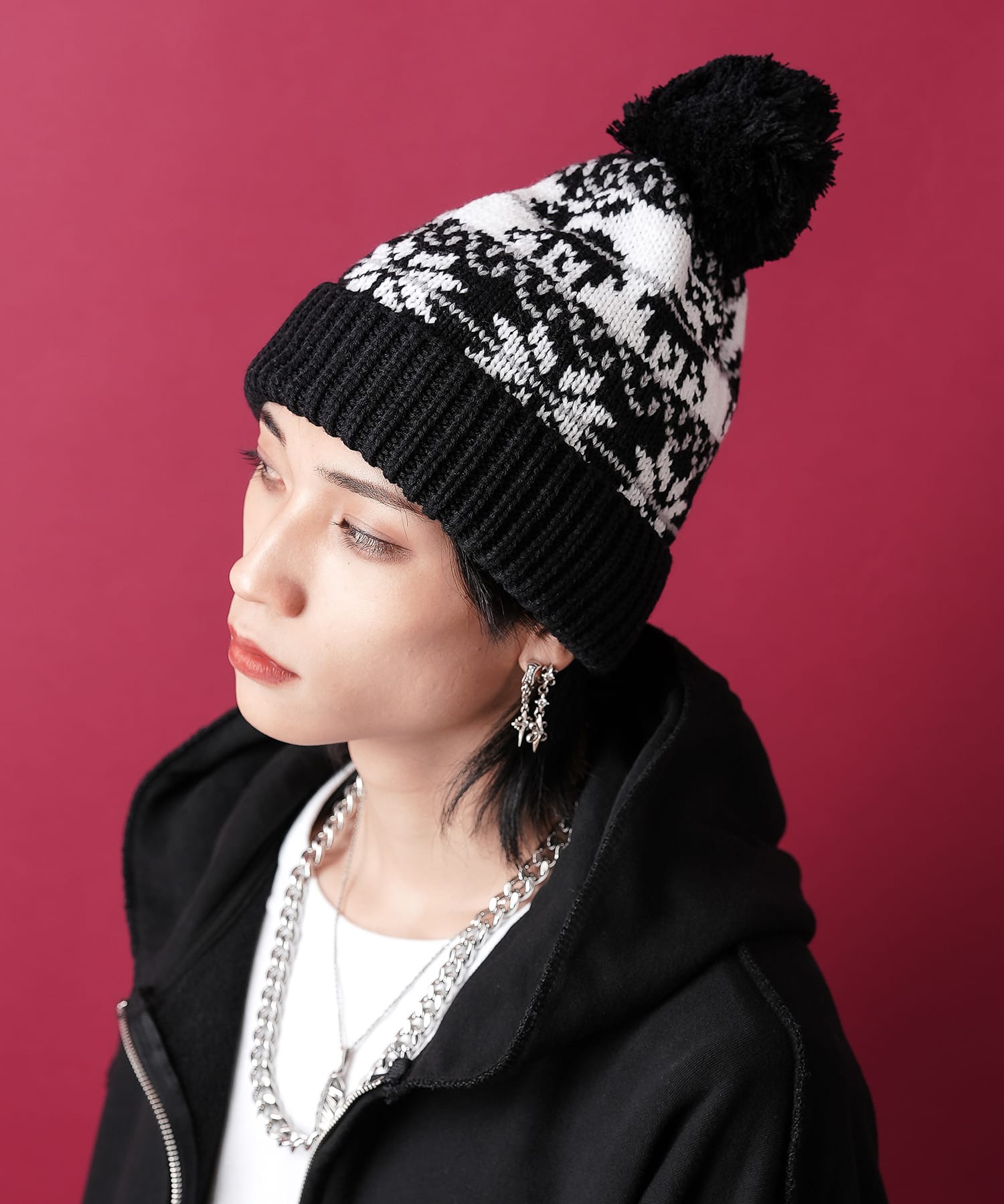 ノルディック柄ボンボンニット帽 / ニットキャップ メンズ レディース