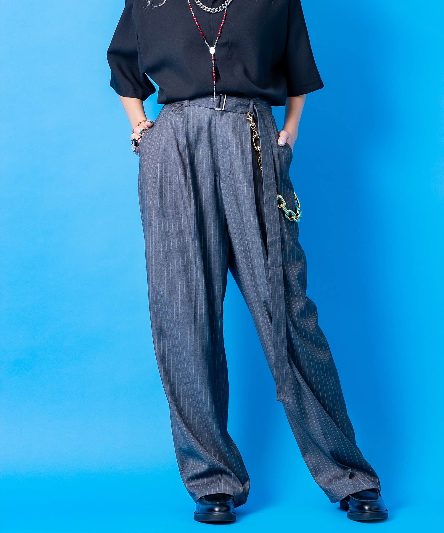 ピンストライプTRスーツロングベルト2タックワイドスラックス