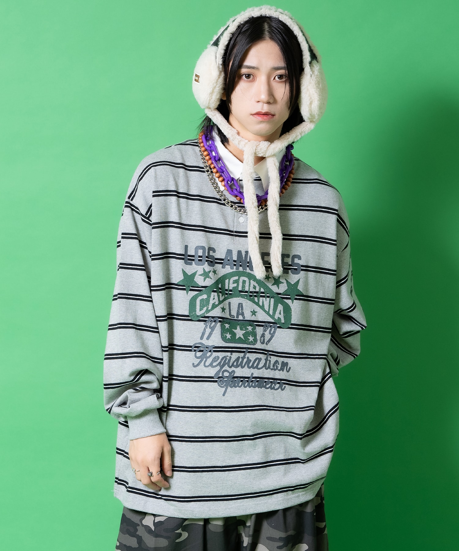 掠れアメカジプリントボーダー柄オーバーサイズラガーシャツ / ユニ