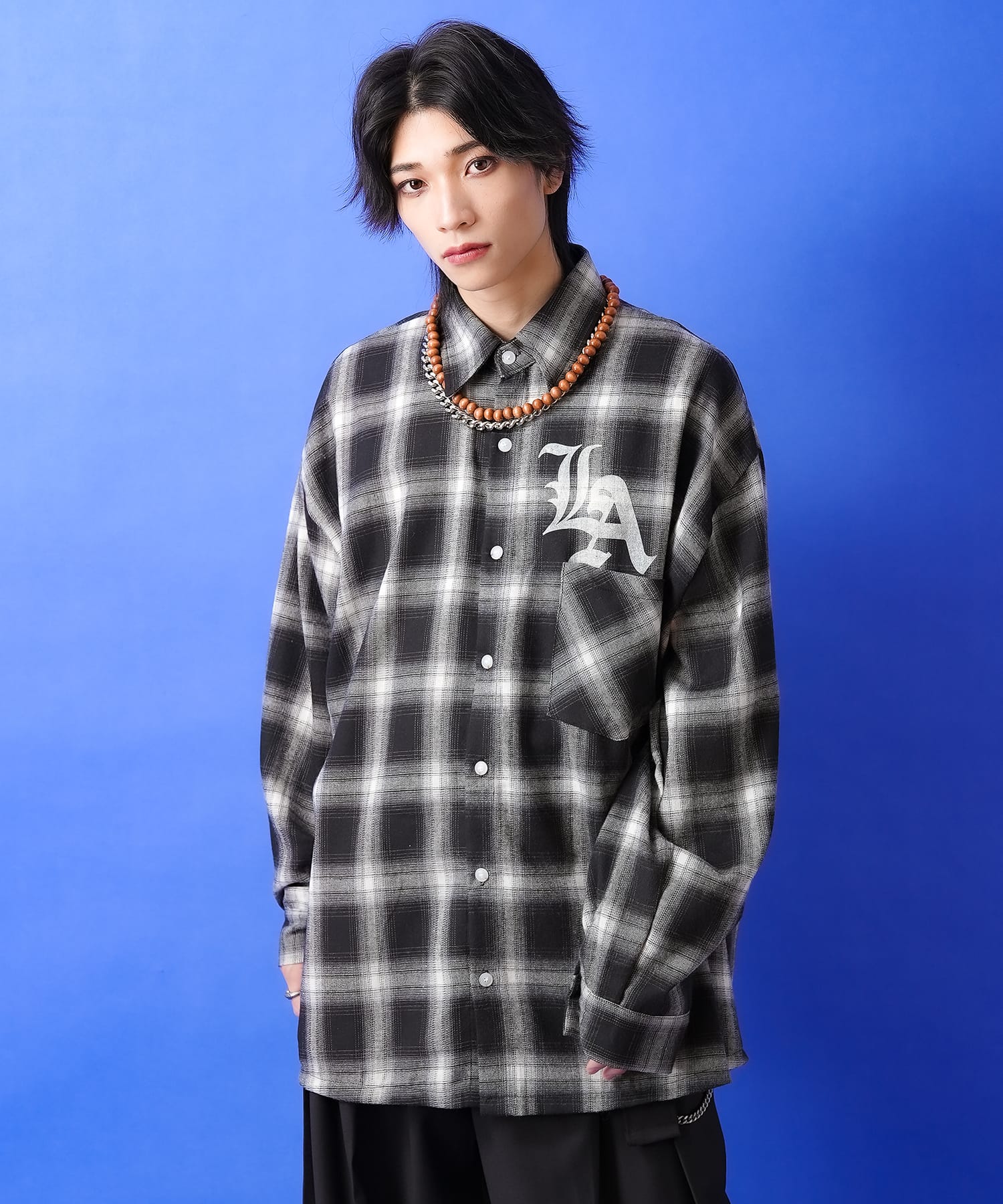 ナンバリング＆LAプリントオーバーサイズオンブレチェックネルシャツ