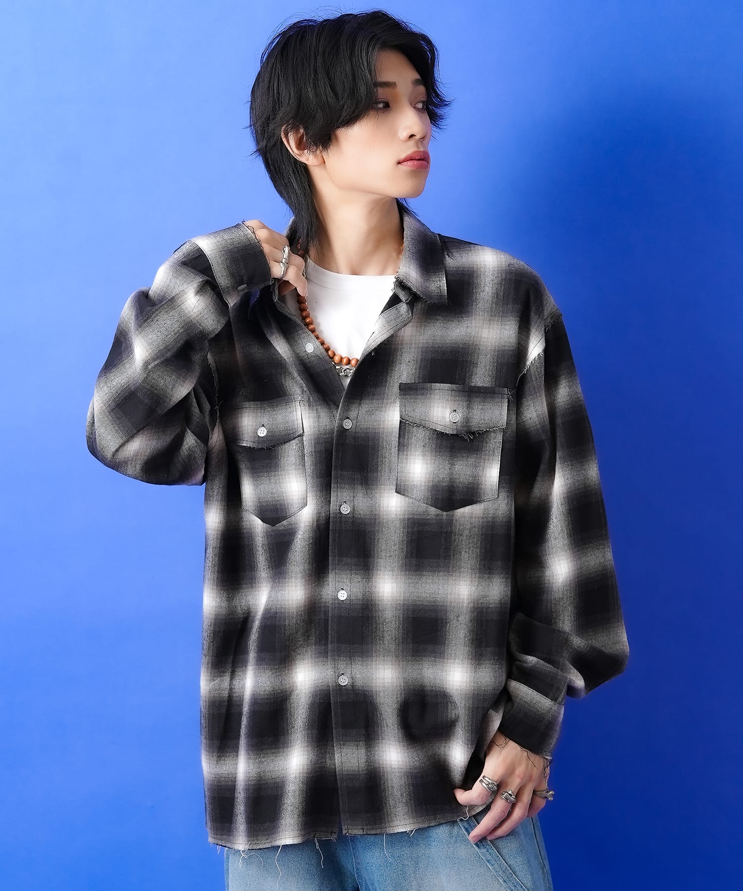 カットオフダメージチェックネルシャツ / メンズ レディース ユニ