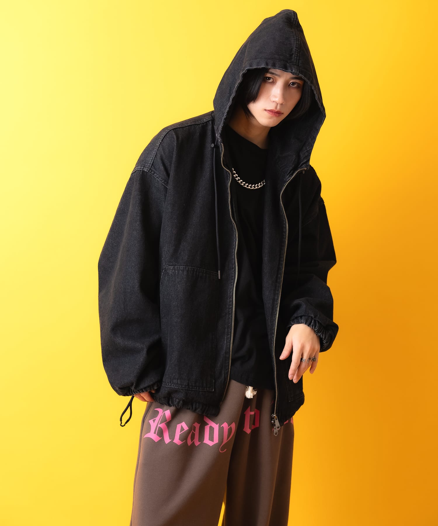 ブラックデニムオーバーサイズジップアップフーディーブルゾン / ZIP