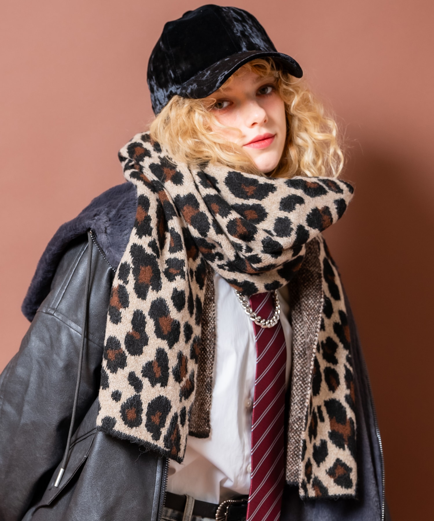 レオパードジャガードウール混ニット大判マフラー(33cm×190cm) / ユニ