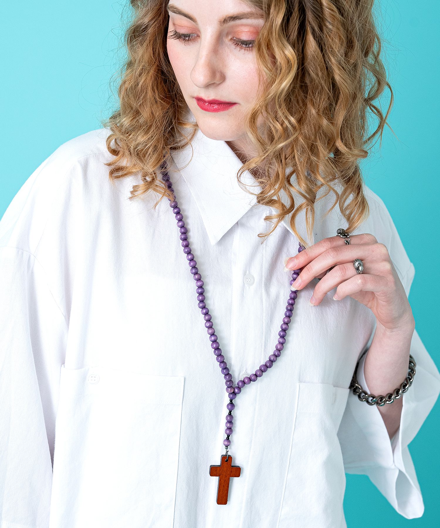 ウッドボールロザリオネックレス / メンズ レディース 木玉 クロス