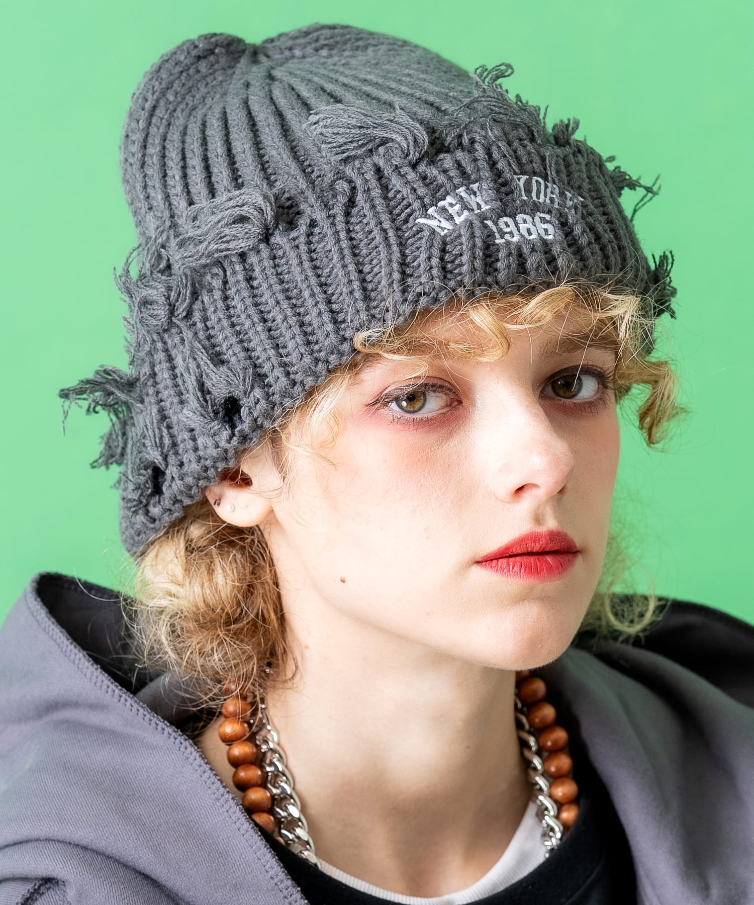 NEW YORKロゴ刺繍ダメージニット帽 / ニットキャップ メンズ