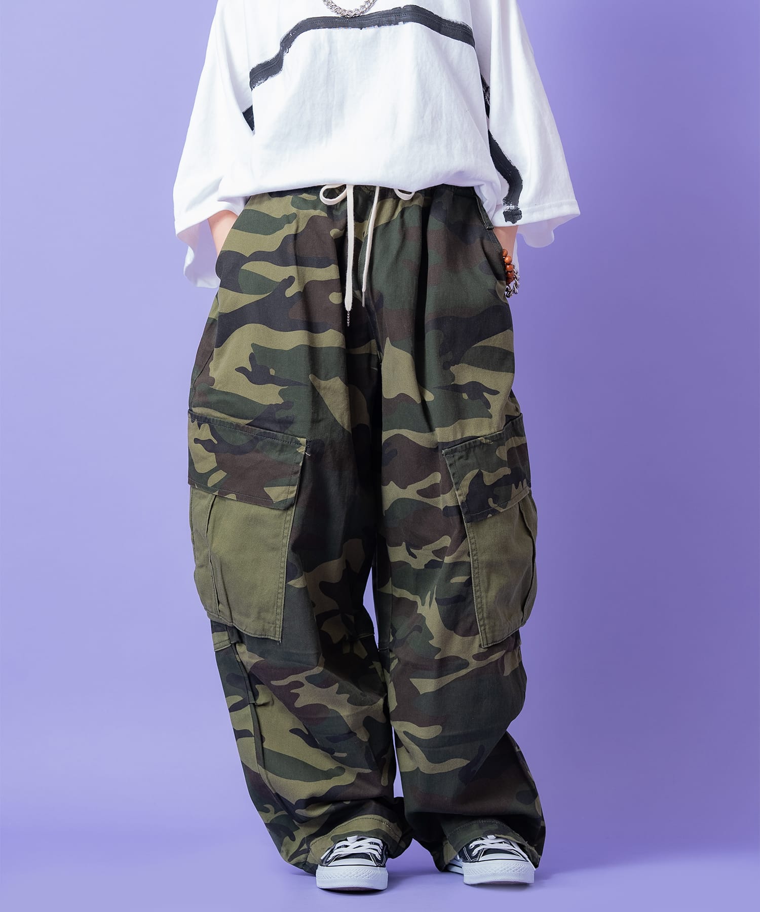 カラーブロック切替サイドポケットカモフラコットンワイドカーゴパンツ