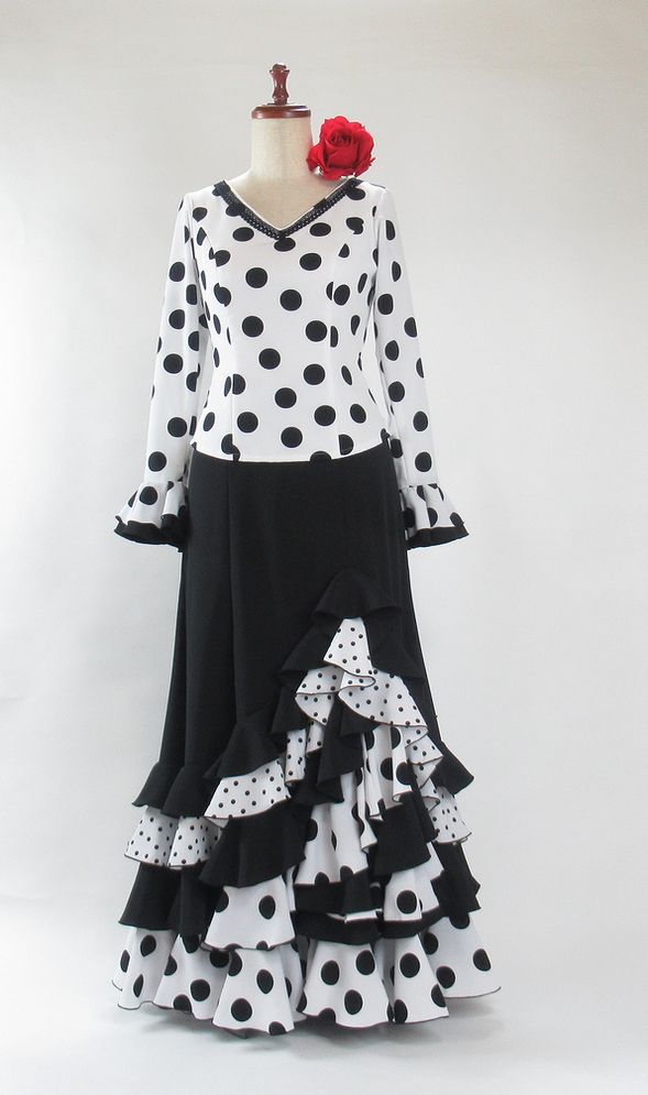 フラメンコ衣装 白黒水玉ツーピース G2301