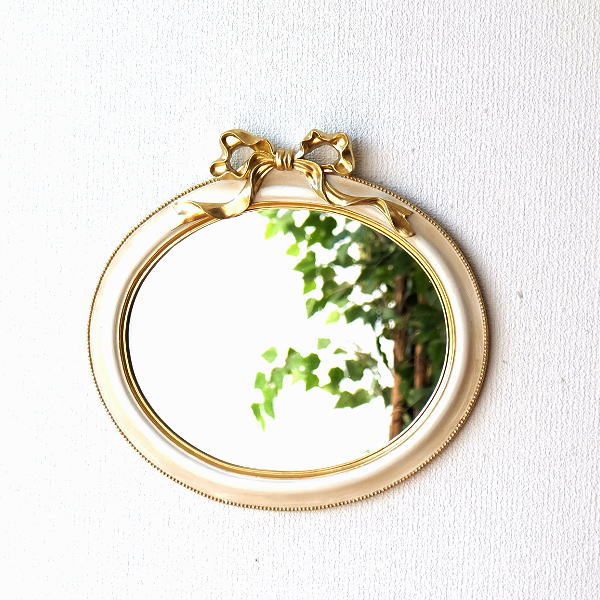 鏡 壁掛けミラー おしゃれ 壁掛け リボン オーバル 楕円 アンティーク