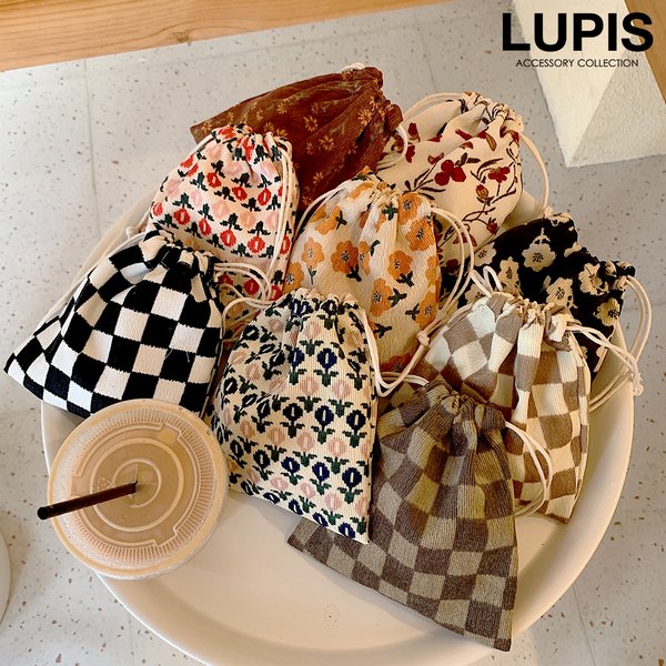 フラワー×チェック柄コーデュロイ巾着ポーチ - バッグ・ポーチ・財布を