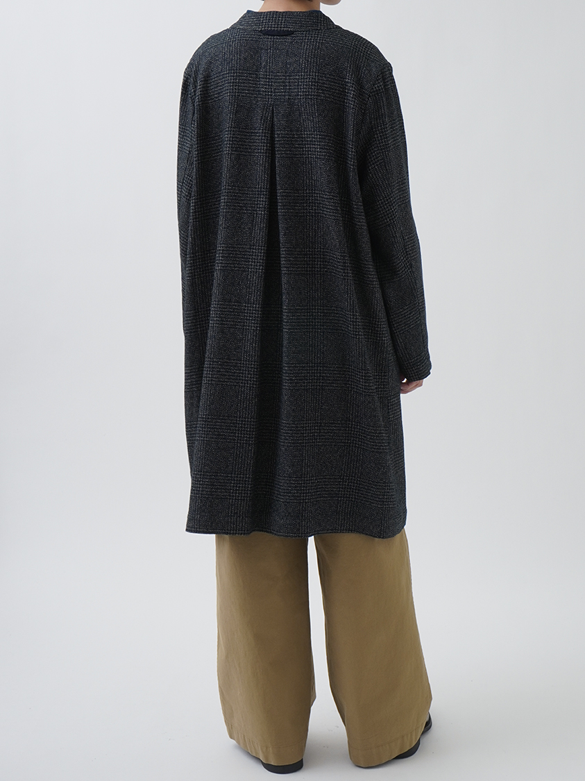 撚り杢インディゴコットンツィード ボトル襟コート