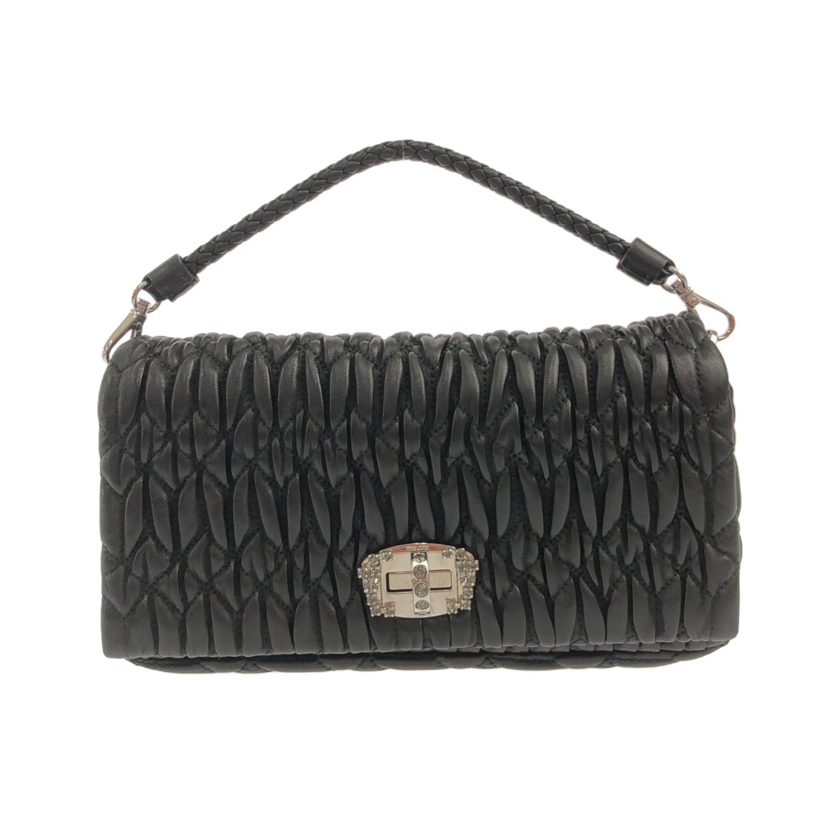 ミュウミュウ/ハンドバッグ/ナッパ クリスタル/マテラッセ/黒×シルバー