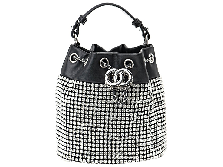 White Crystal Silver Tone Black Drawstring Bucket Bag - OPC1519 | JTV