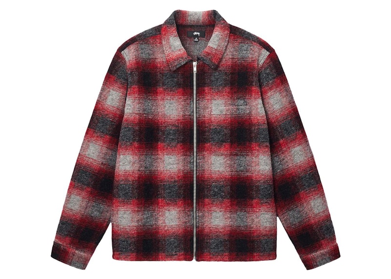 Stussy Brushed Wool Plaid Zip Shirt Red Men's - US