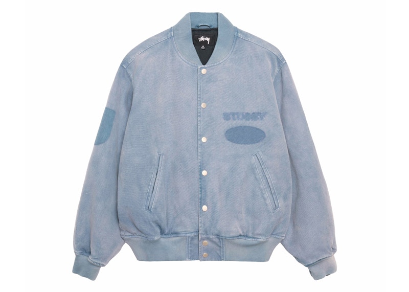 Stussy Ghost Logo Canvas Varsity Jacket Blue Men's - FW24 - GB