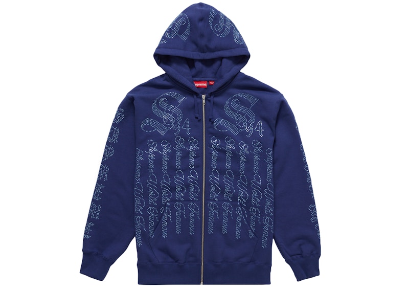 Supreme Rhinestone Zip Up Hooded Sweatshirt Washed Navy Men's
