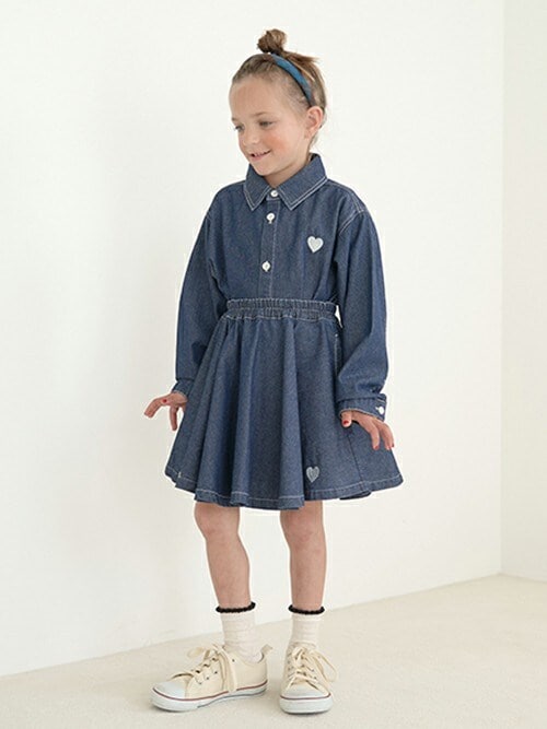 セール】【やわらかデニム】ハート刺しゅうフレアスカート（デニム