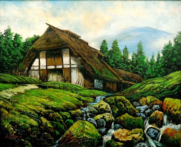 沖山王一 遠野曲屋 田舎の風景 油彩画 沖山王一 遠野曲