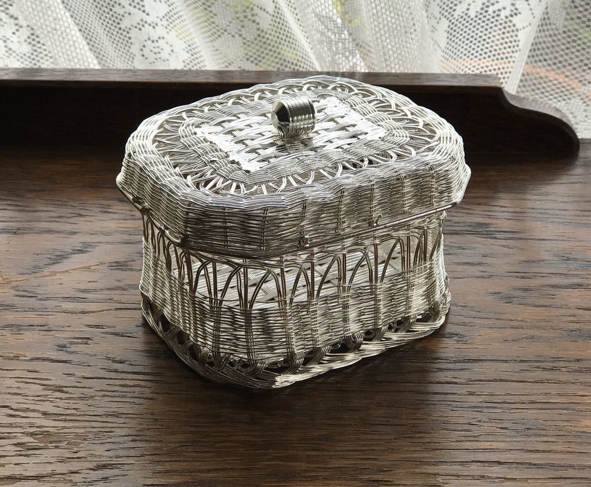 希少！銀座和光銀細工 おしぼりトレー おしぼりトレイ かご編み 銀